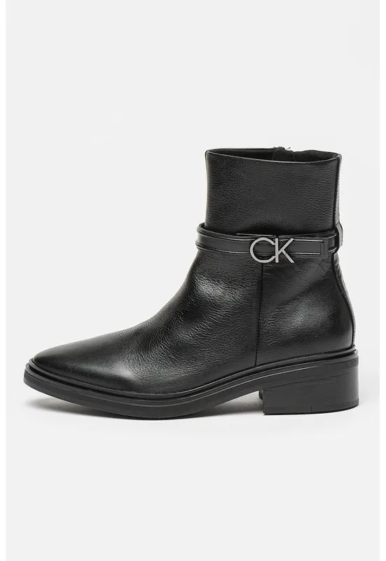 Botine de piele cu varf migdalat - Negru