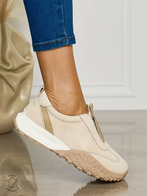 Pantofi CASUAL dama din piele naturala INTOARSA de tip Slip-on CRL1458 BEJ