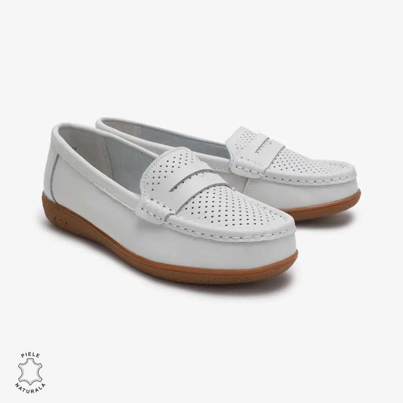 Mocasini dama din Piele Naturala CRL0712 ALB