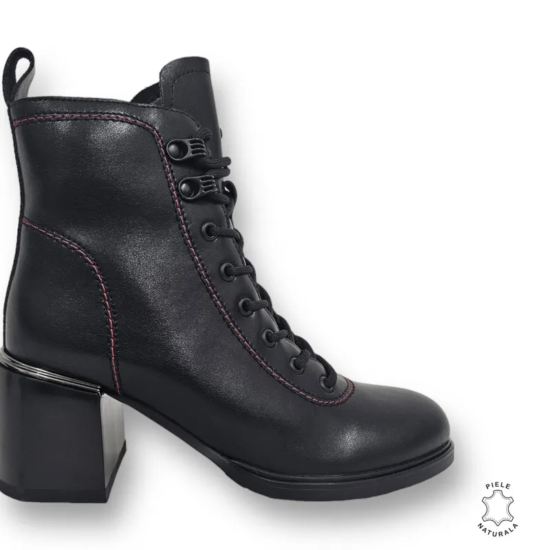 BOTINE DAMA CU TOC GROS din PIELE NATURALA CRL0894 CULOARE:NEGRU-ROSU