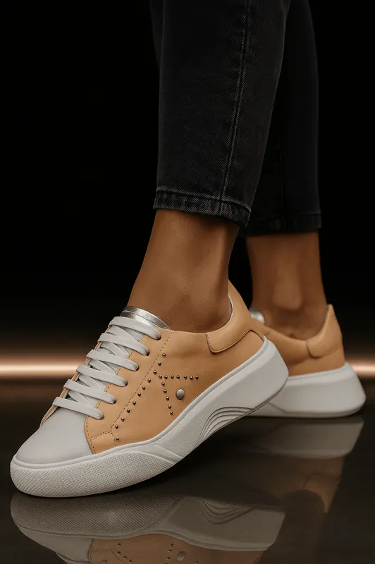 Pantofi Sport Dama din Piele Bej cu Alb - ICA