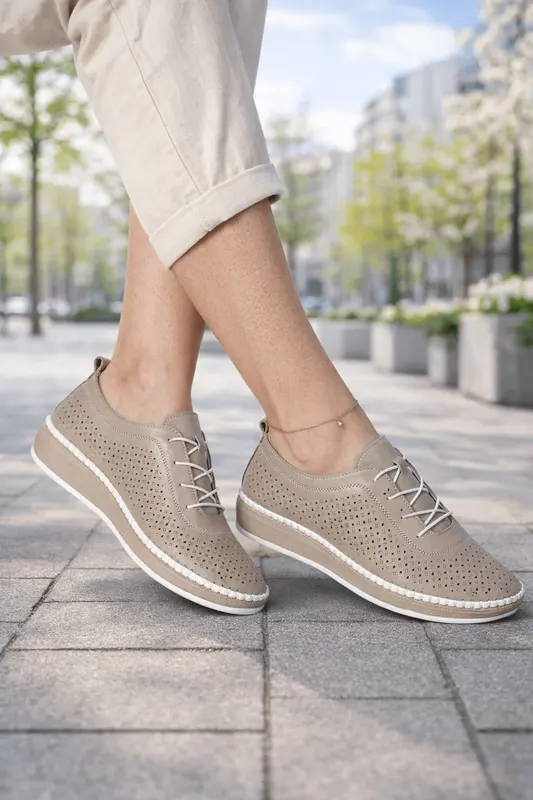 Pantofi Confort din Piele Bej Perforati - ZYX TAUPE