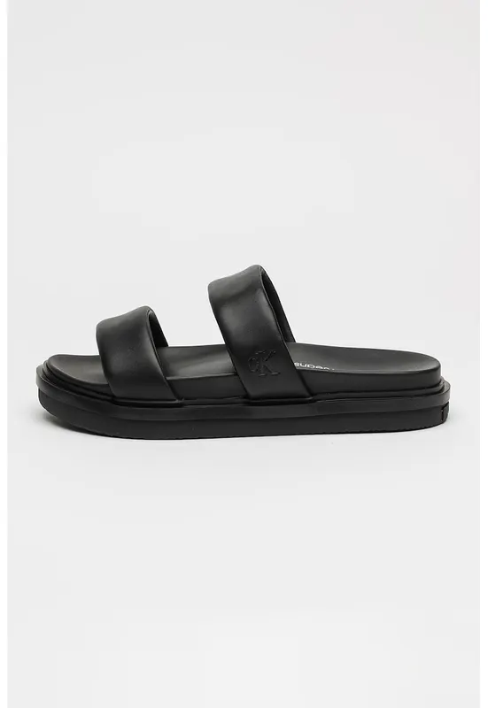 Papuci din piele cu model uni - Negru