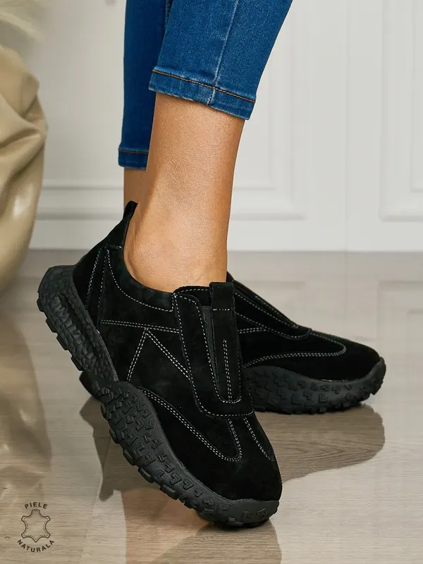Pantofi CASUAL dama din piele naturala INTOARSA de tip Slip-on CRL1458 NEGRU SUEDE