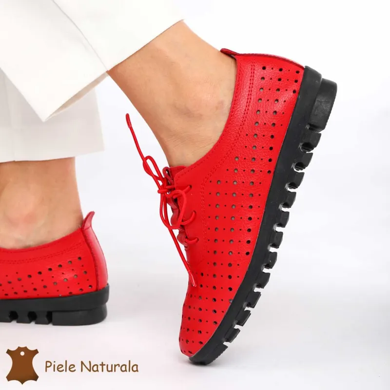 Pantofi Perforati dama din Piele Naturala cu mici perforatii CRL0188 ROSU
