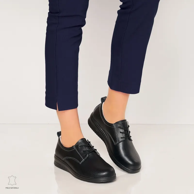 Pantofi casual de dama din piele naturala cu talpa plata CRL0011 NEGRU