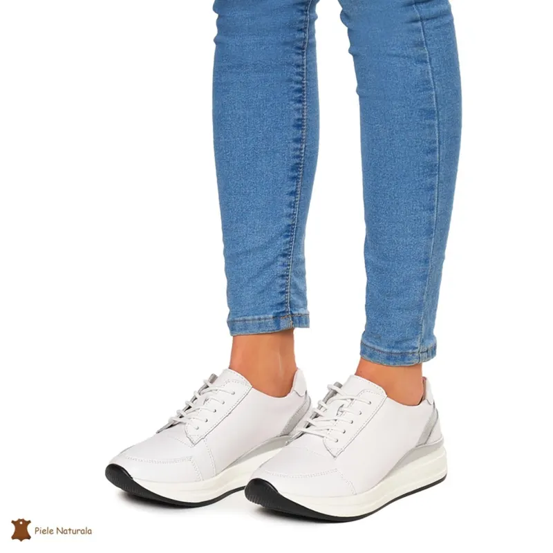 Pantofi casual de dama din piele naturala cu talpa plata CRL0019 ALB