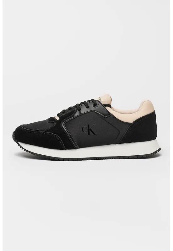 Pantofi sport cu talpa wedge si garnituri din piele intoarsa - Negru