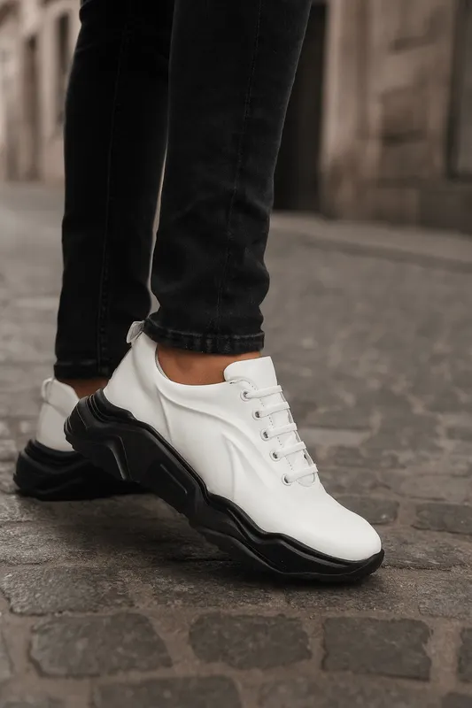 Pantofi Sport Barbati din Piele Albi cu Negru - PACO