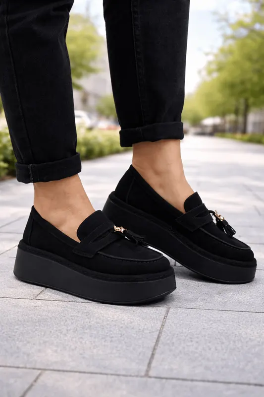 Pantofi tip Mocasin din Piele Negri cu Accesoriu - ALEY BLACK
