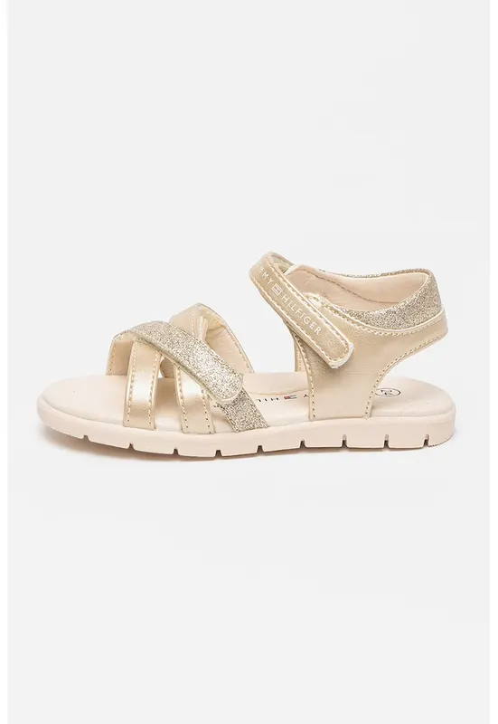 Sandale cu inchidere velcro si talpa plata - Auriu