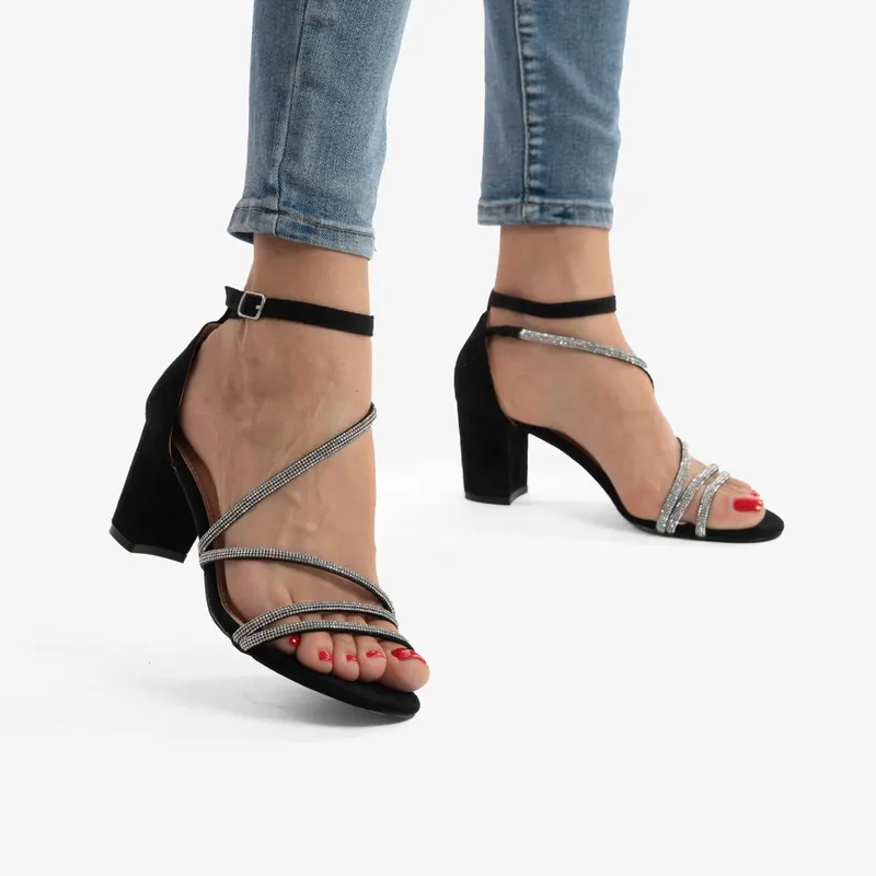 SANDALE ELEGANTE DIN PIELE ECOLOGICA Intoarsa Cu Toc Gros si strasuri CRL0754 NEGRU