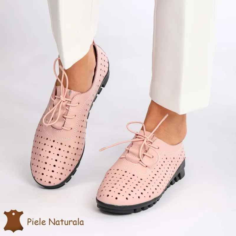 Pantofi Perforati dama din Piele Naturala cu mici perforatii CRL0188 ROZ