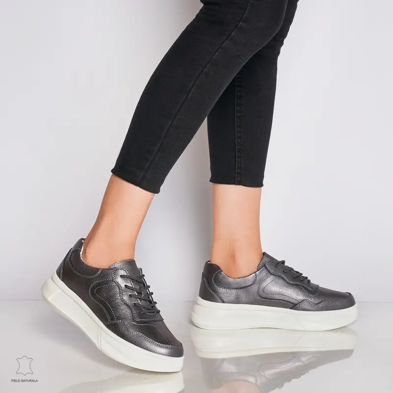 Pantofi Casual dama din Piele naturala cu talpa plata CRL0042 PEWTER
