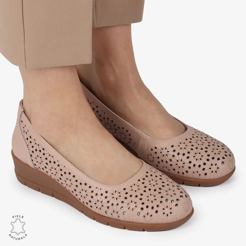 Balerini dama din Piele Naturala cu talpa groasa si Perforati CRL01381 ROZ