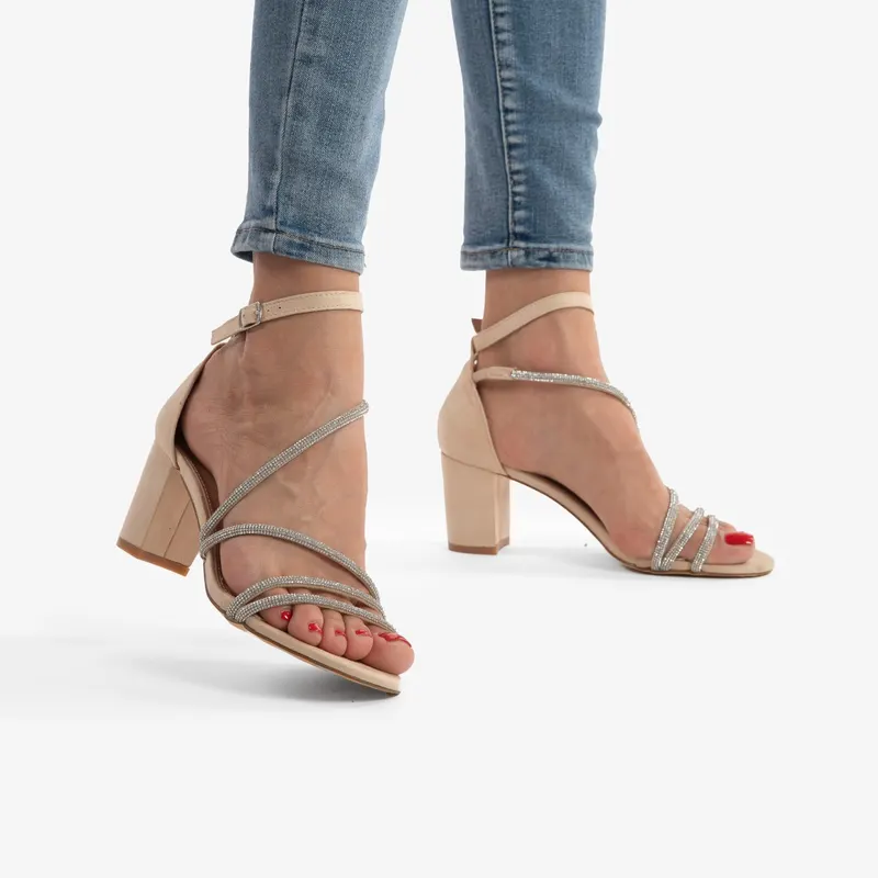 SANDALE ELEGANTE DIN PIELE ECOLOGICA Intoarsa Cu Toc Gros si strasuri CRL0754 BEJ
