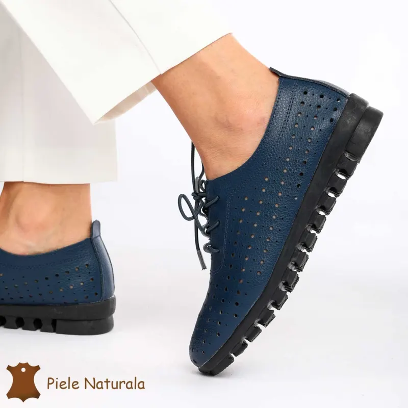 Pantofi Perforati dama din Piele Naturala cu mici perforatii CRL0188 NAVY