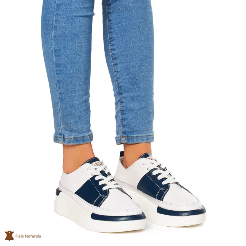 Pantofi Casual dama din Piele naturala cu talpa groasa CRL0056 ALB CU NAVY