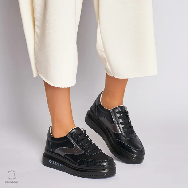 Pantofi Casual dama din Piele naturala cu talpa plata Multicolor CRL0041 Negru