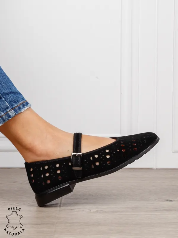 Balerini dama din piele naturala Intoarsa cu barete SI DESIGN UNIC CRL1629 NEGRU
