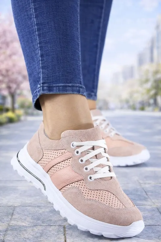 Sneakers din Piele Pudra cu Siret - SUET PINK