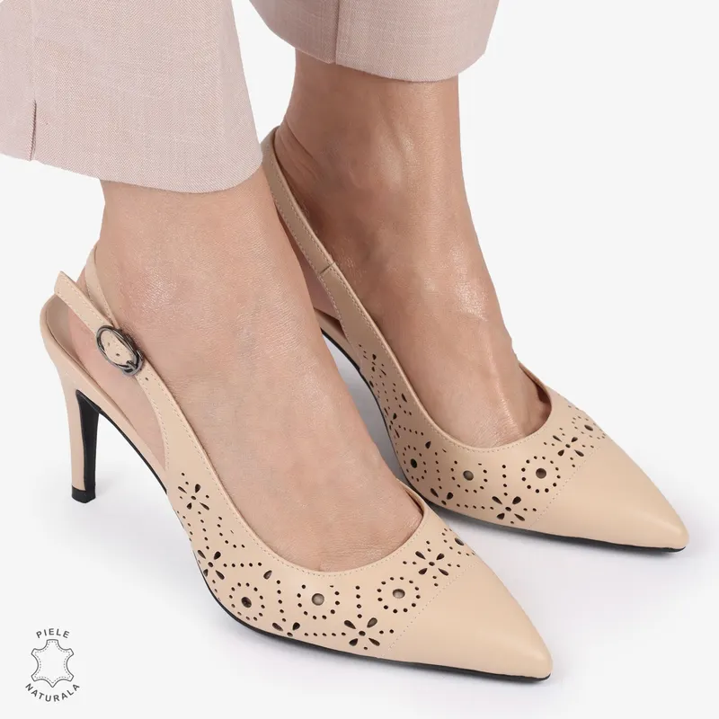 PANTOFI ELEGANTI dama din Piele Naturala CU TOC SUBTIRE SI INALT CRL1399BEJ