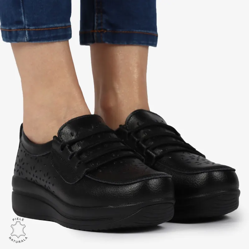 Mocasini dama din Piele Naturala Perforati CRL1364 NEGRU