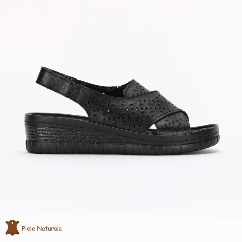 Sandale dama din Piele Naturala cu talpa inalta CRL0205 NEGRU