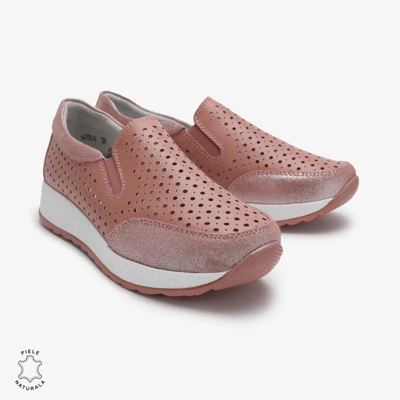 Pantofi Casual dama din Piele Naturala Perforati CRL0711 ROZ