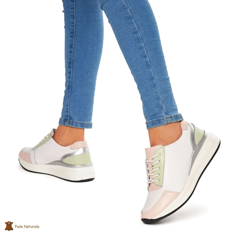 Pantofi casual de dama din piele naturala cu talpa plata CRL0019 Alb cu Roz