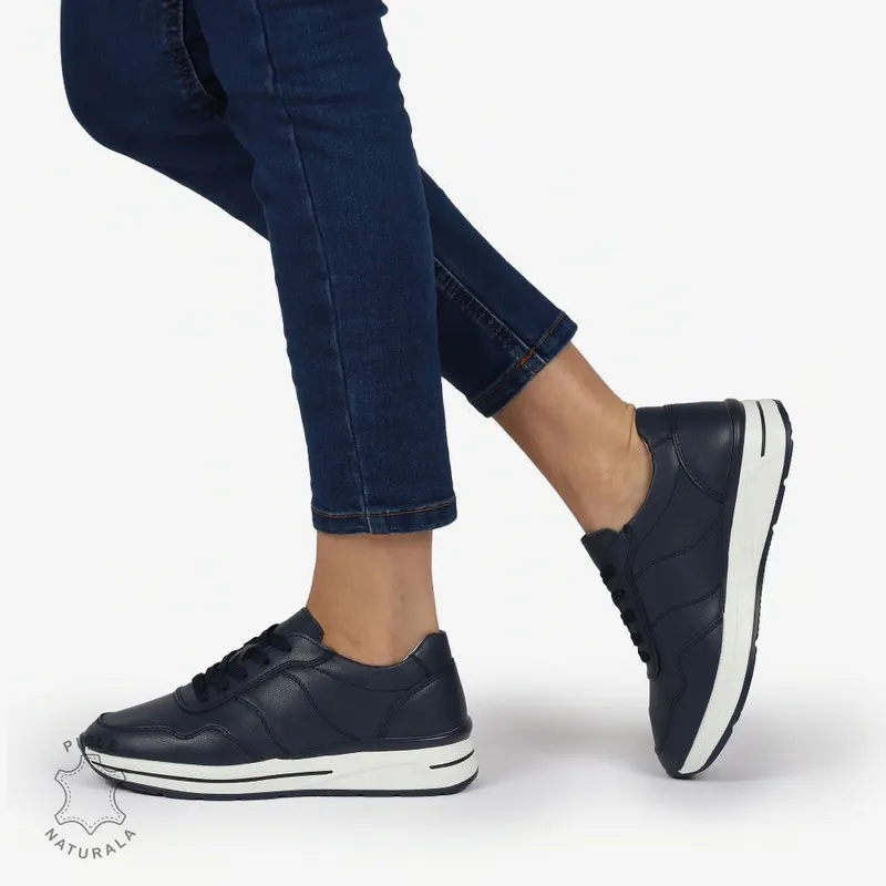 PANTOFI CASUAL Piele Naturala CU INCHIDERE SIRET SI MODEL PE TALPA CRL1303 BLEUMARIN