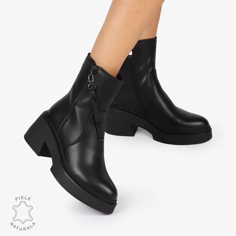 BOTINE DIN PIELE NATURALA cu Fermoar lateral si toc Gros CRL1243 Negru