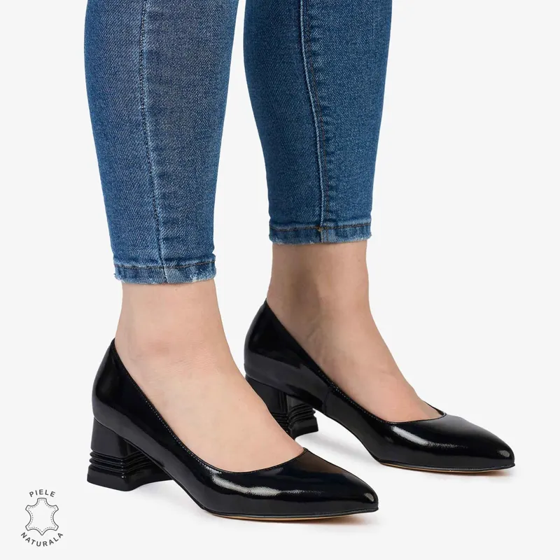 Pantofi Eleganți dama din Piele Naturala LACUITA CU TOC MIC CRL0982 NEGRU