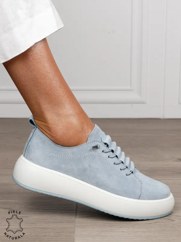 Pantofi Casual dama din Piele Naturala Intoarsa cu siret special CRL1550ALBASTRU