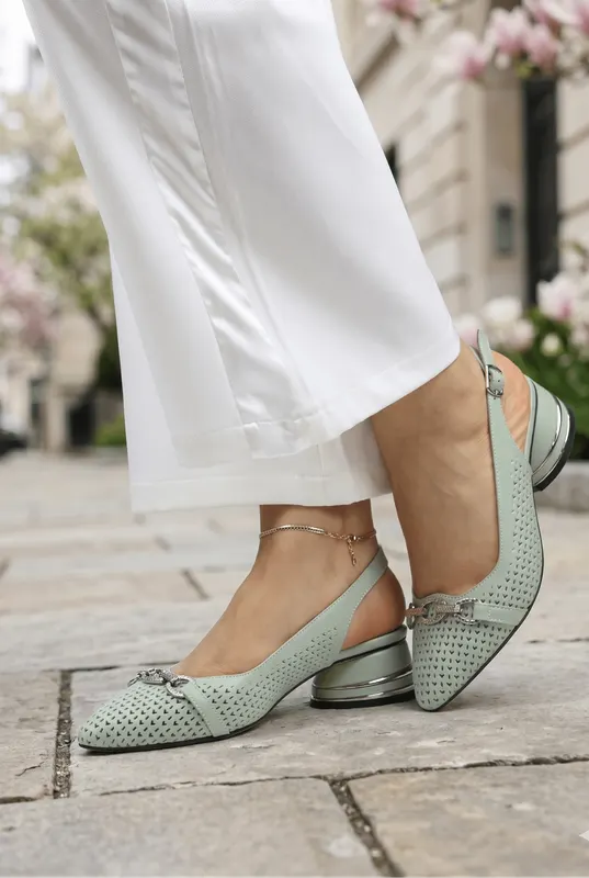 Pantofi Eleganti Decupati din Piele Verde cu Accesoriu - VYA MINT