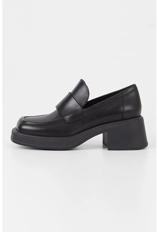 Pantofi loafer de piele cu toc masiv - Negru