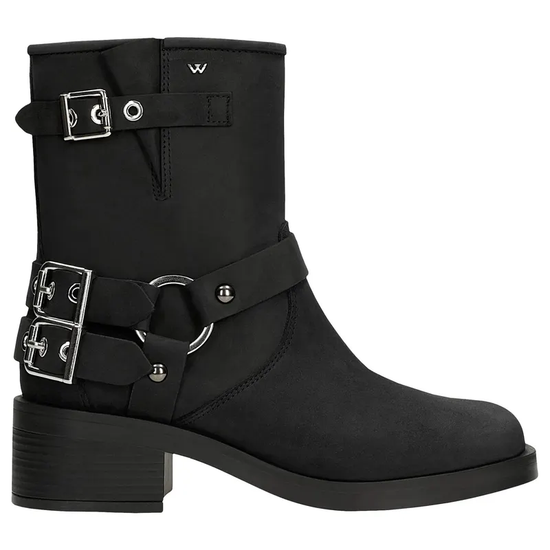 Botine biker negre din piele cu elemente metalice