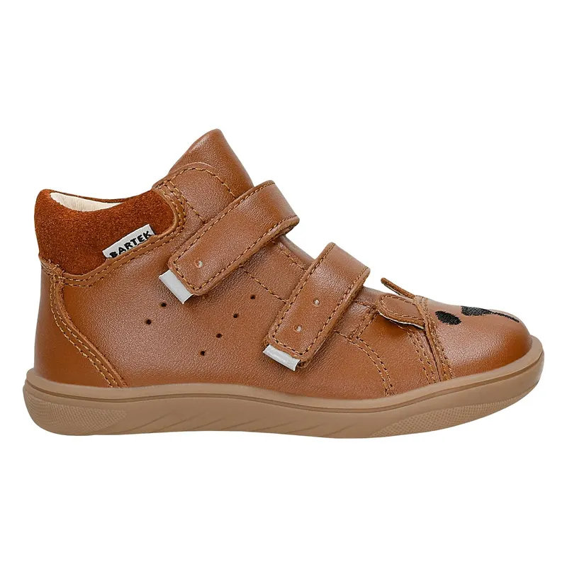 Botine barefoot din piele maro pentru copii, cu model ursuleț