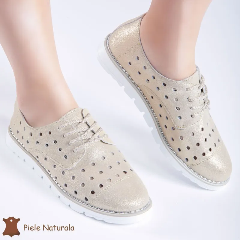 Pantofi Casual de dama perforati din Piele Naturala cu talpa joasa CRL0166 AURIU