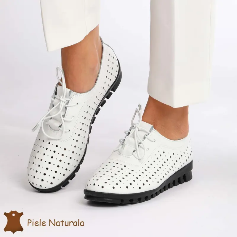 Pantofi Perforati dama din Piele Naturala cu mici perforatii CRL0188 ALB
