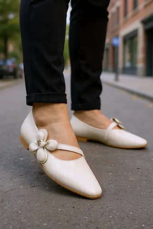 Balerini din Piele Bej cu Bareta Accesoriu - MYZ BEIGE