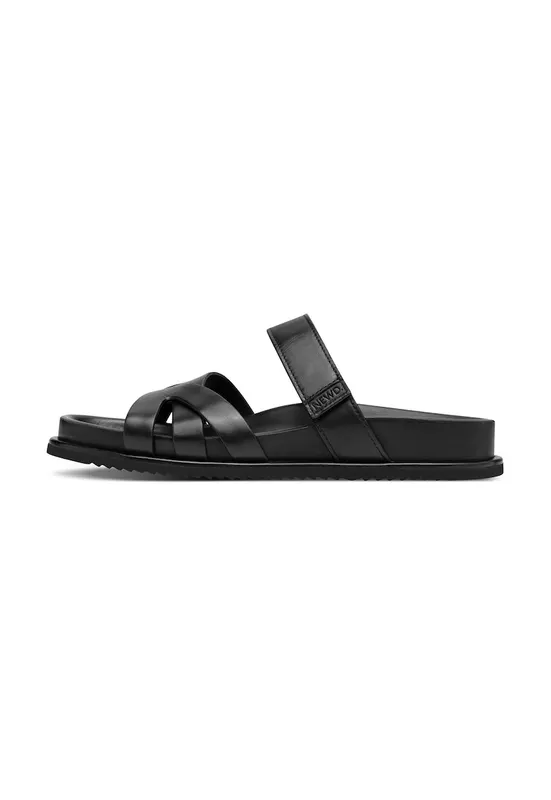Papuci de casa din piele cu banda velcro - Negru