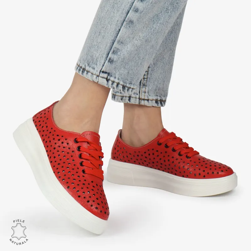 Pantofi Casual dama din Piele naturala PERFORATI USORI CU SIRET CRL1341 ROSU