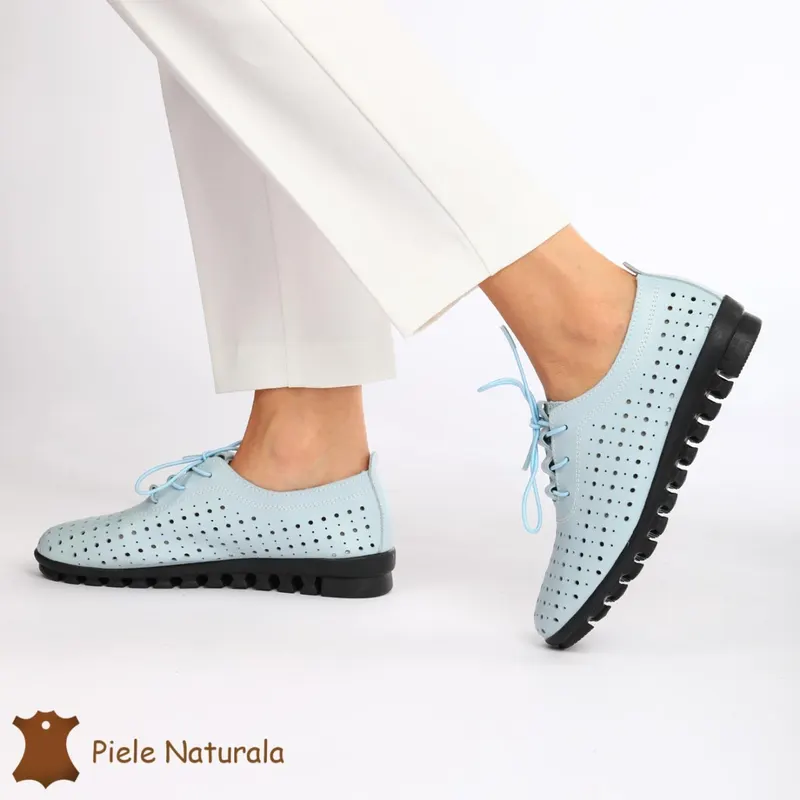 Pantofi Perforati dama din Piele Naturala cu mici perforatii CRL0188 ALBASTRU