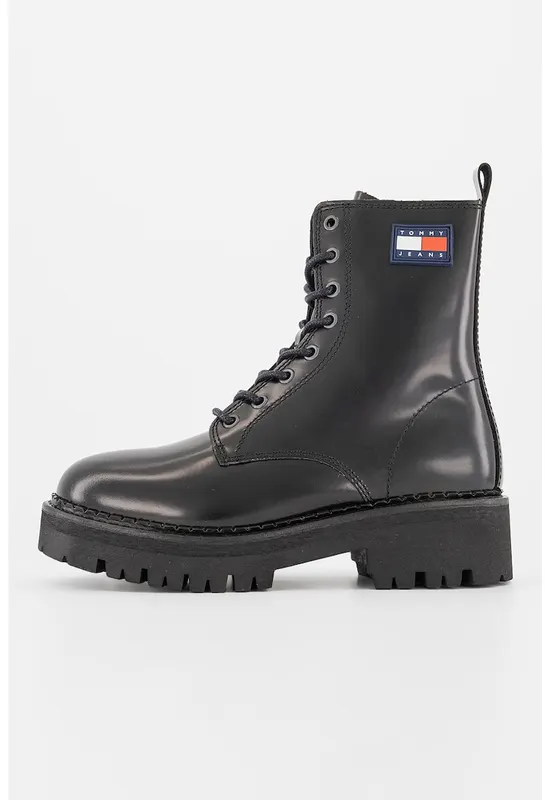 Bocanci din piele cu aplicatie logo - Negru