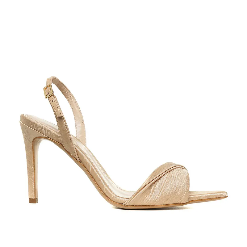 Sandale Cleo Satin Texturat, Varf Ascutit, Nude-Auriu