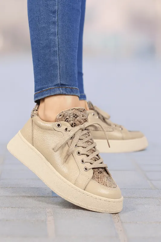 Pantofi Dama din Piele Bej cu Print - TORA BEIGE