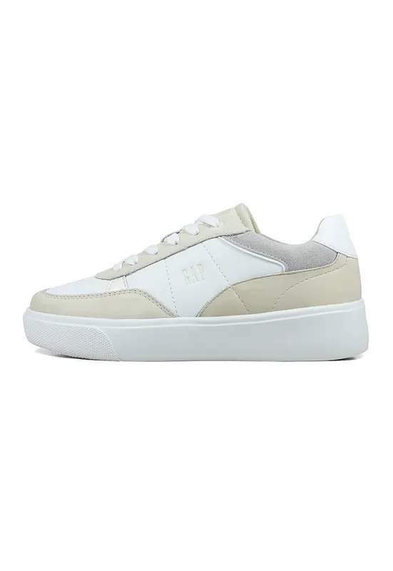 Pantofi sport low-cut de piele ecologica - Alb/Maro nisip
