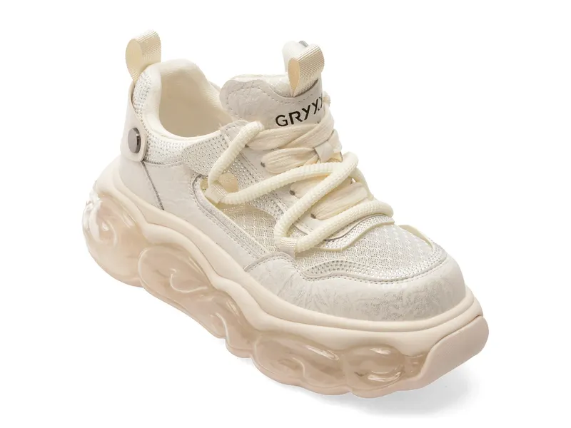 Pantofi sport albi, 5372, din material textil si piele naturala