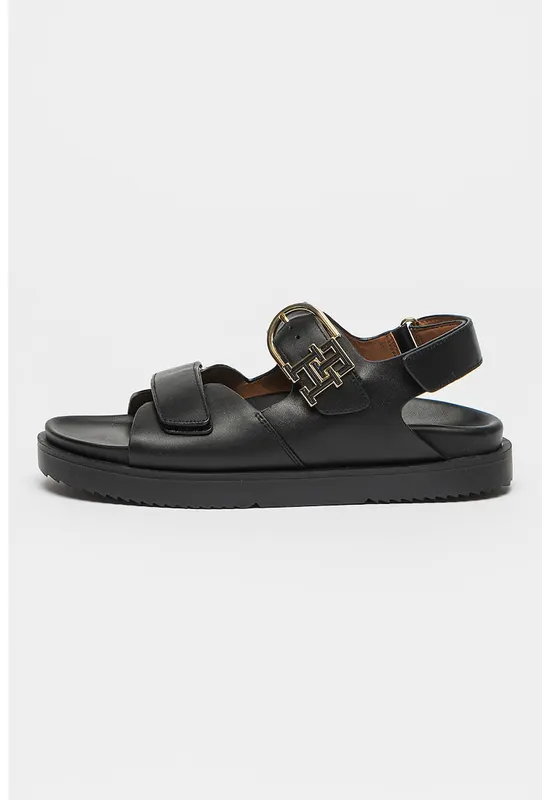 Sandale din piele cu logo metalic - Negru